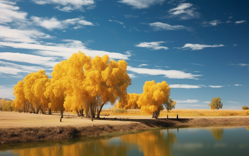 荒无人烟偏僻河流边的黄色胡杨摄影背景,高清,摄影图,摄影图片,图片大全,摄影图免费下载